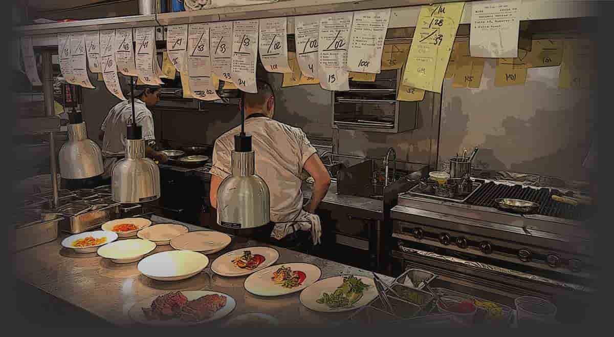 Chefs working a busy restaurant kitchen service